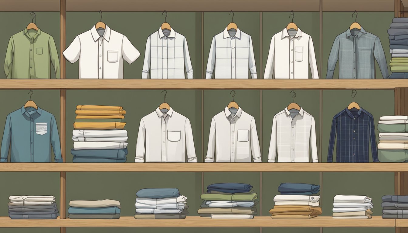 A display of Sustainable Fashion Choices branded shirts arranged neatly on a wooden shelf, with natural lighting highlighting the eco-friendly designs