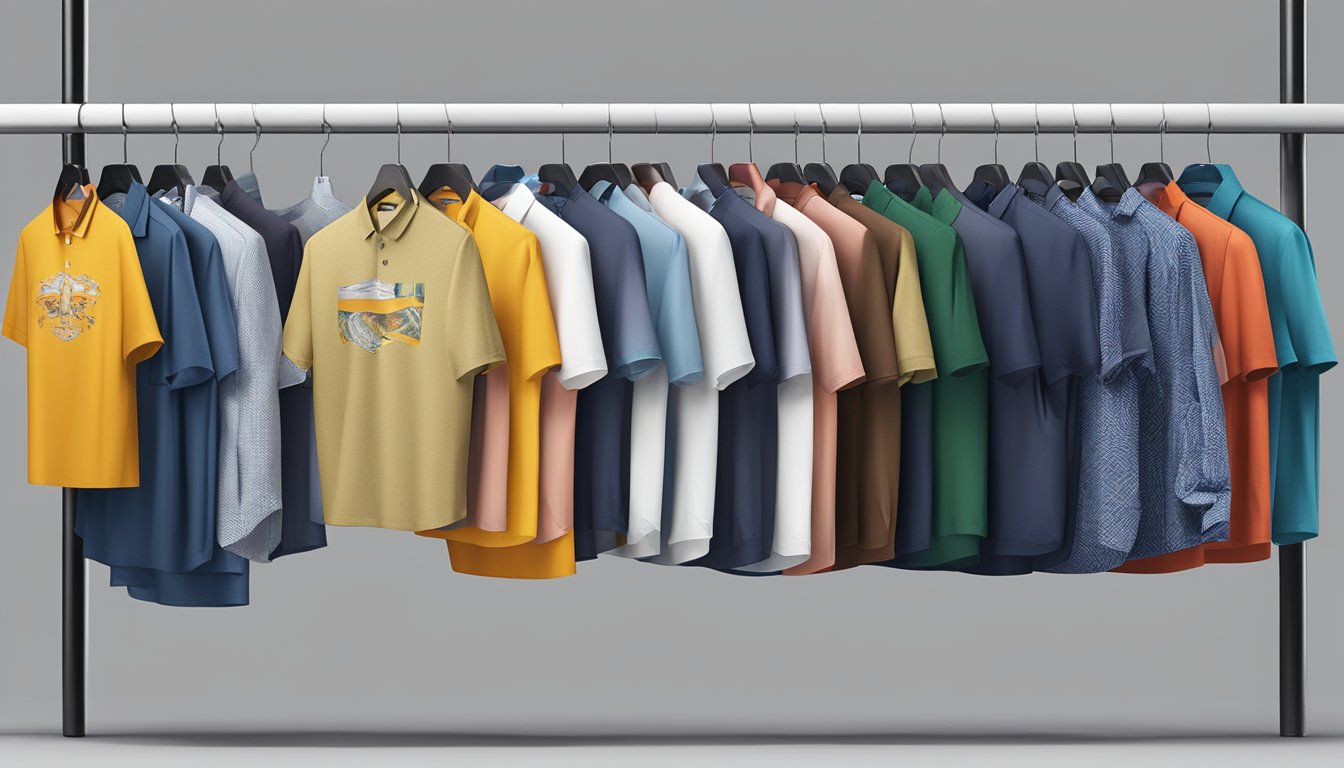 Various branded shirts with global trends and cultural influences displayed on a clothing rack