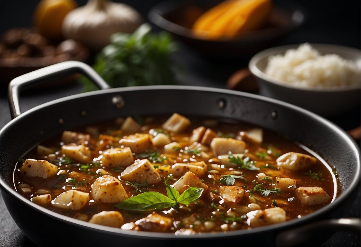 A pot simmering with aromatic spices, ginger, and garlic. A dash of soy sauce and a hint of sweetness from rock sugar