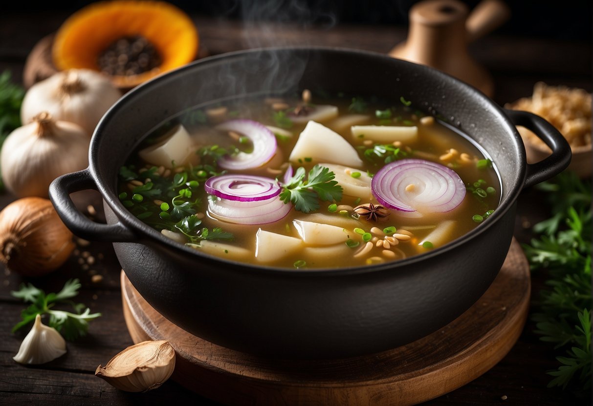 A pot simmering with Chinese soup base ingredients and seasonings. Onions, garlic, ginger, and star anise float in the fragrant broth