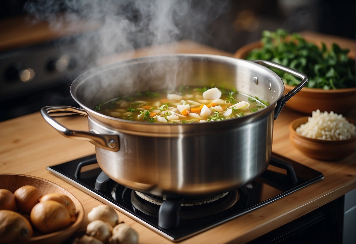 A pot simmers on a stove, filled with aromatic ingredients like ginger, garlic, and herbs, for a traditional Chinese soup base recipe