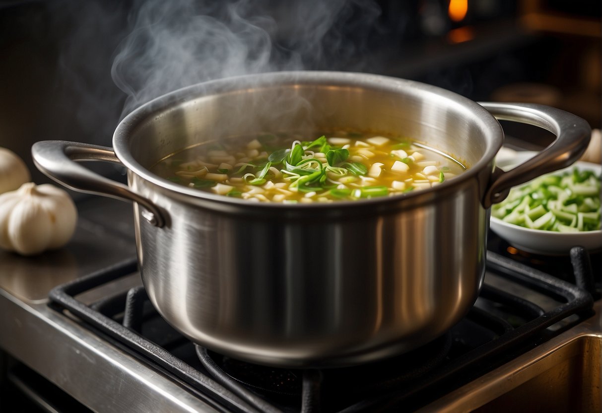 A pot simmers on a stove, filled with aromatic ingredients like ginger, garlic, and scallions. Steam rises as the soup base infuses with rich flavors