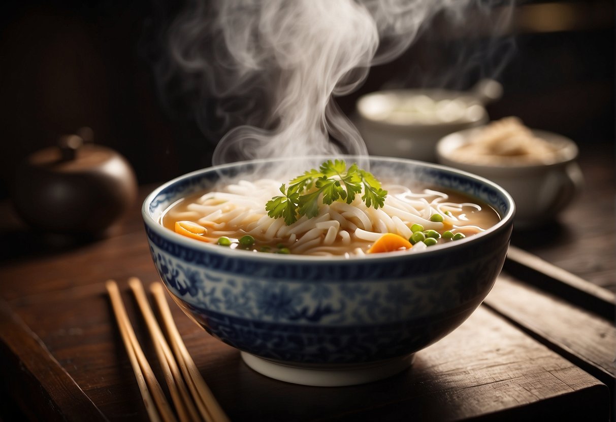 A steaming bowl of Chinese soup sits on a wooden table, surrounded by chopsticks and a spoon. Steam rises from the bowl, indicating its warmth
