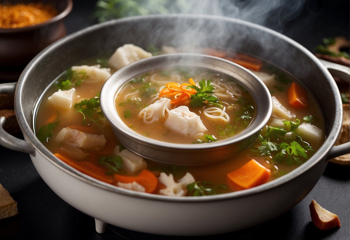 A steaming pot of Chinese soup base simmers on a stovetop, surrounded by various spices and ingredients. The aroma of the flavorful broth fills the air