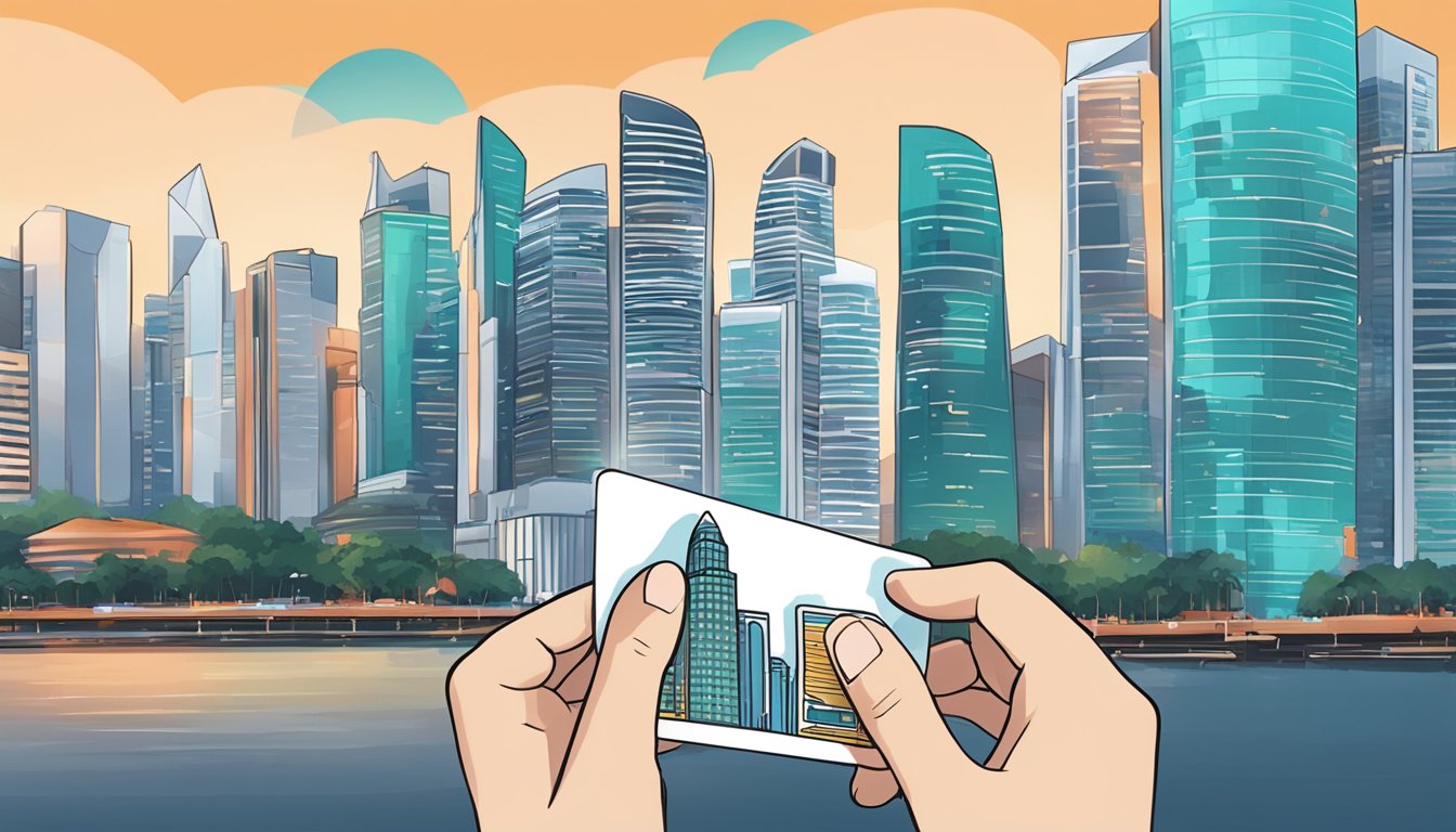 A hand holding a DBS Live Fresh Card, with a modern Singapore cityscape in the background, capturing the essence of urban life and financial convenience