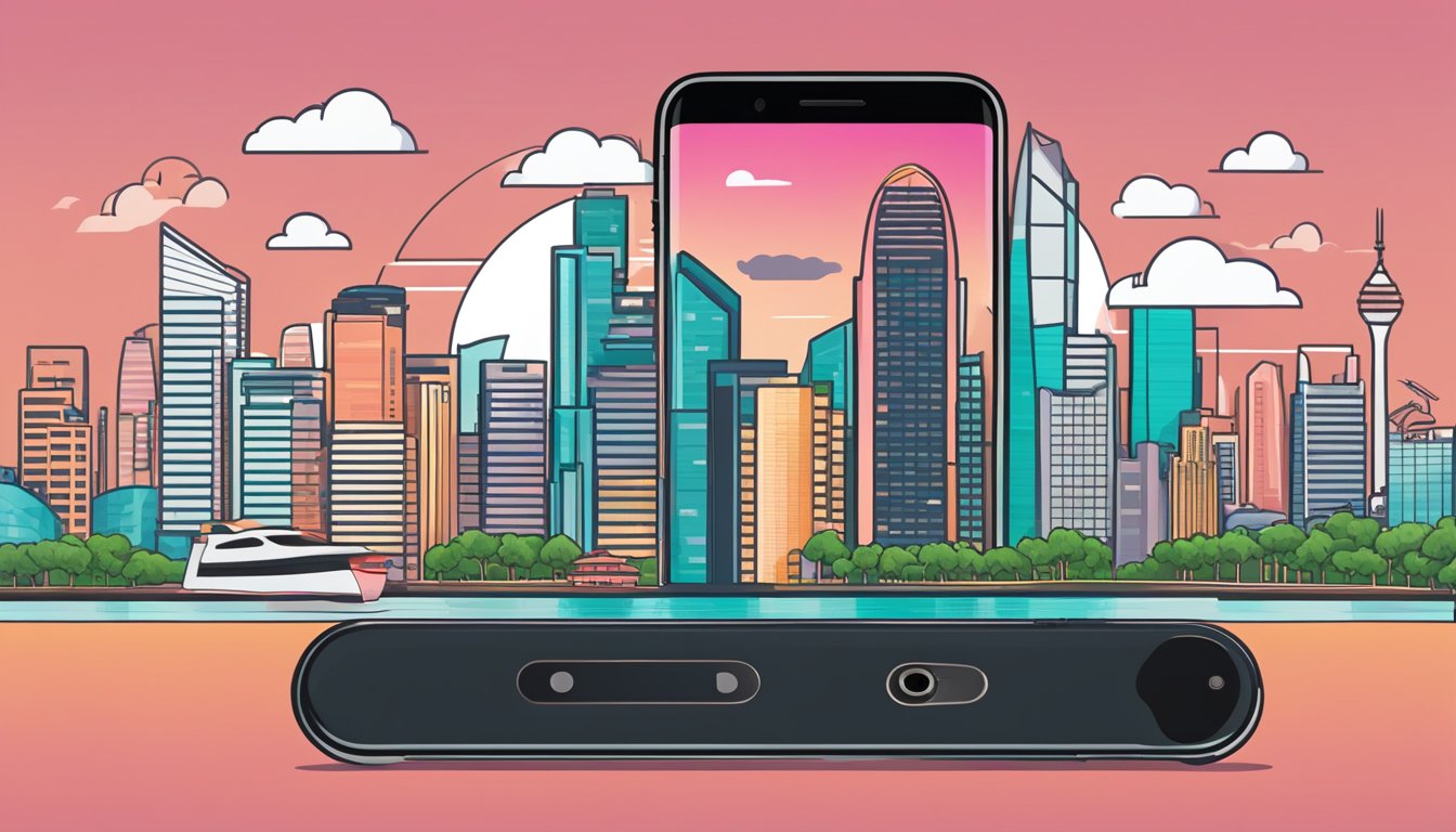 A smartphone displaying the DBS Live Fresh Card app with digital wallet integration, set against the iconic skyline of Singapore