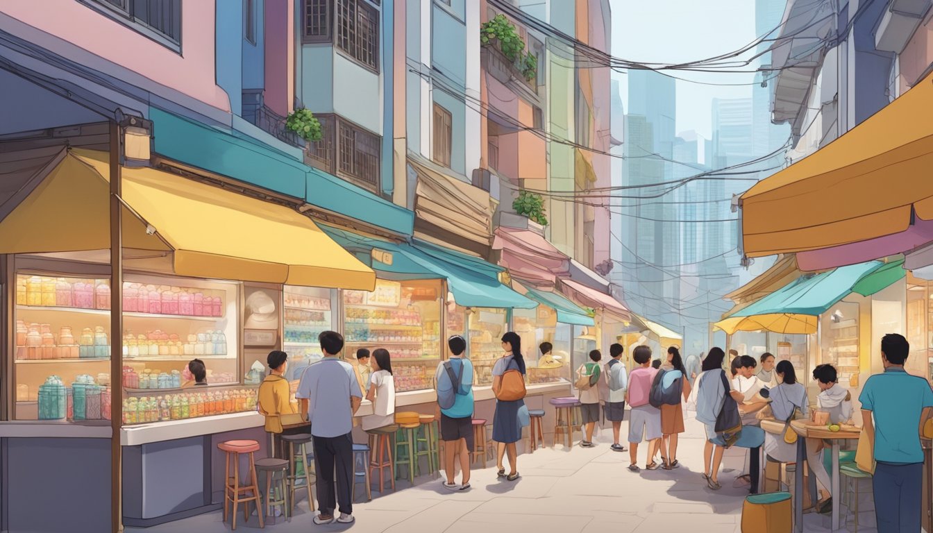 A bustling street in Singapore, lined with colorful bubble tea shops. Customers eagerly sip from plastic cups adorned with oversized straws, while vendors skillfully prepare the sweet, milky concoctions behind the counter