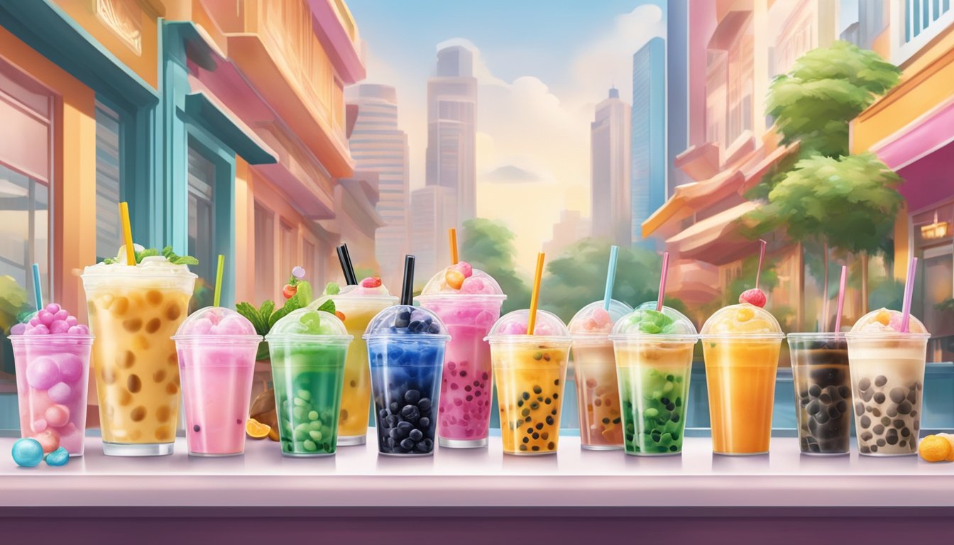 A colorful array of bubble tea brands in Singapore, with various health and customization options, displayed in a vibrant and inviting setting