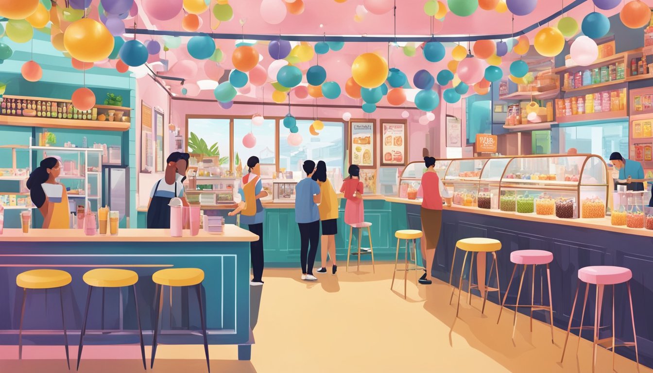 A colorful array of bubble tea cups and toppings, surrounded by vibrant decor and signage, with customers chatting and sipping in the background