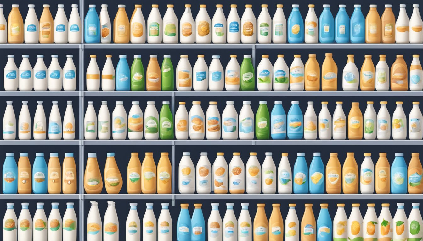 Various milk brands displayed on a supermarket shelf. Different sizes and types of milk containers neatly arranged in rows