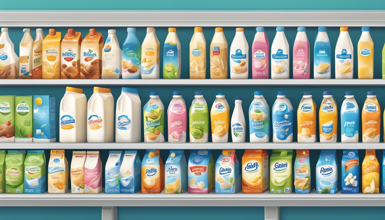Various milk brands' cartons arranged on a supermarket shelf