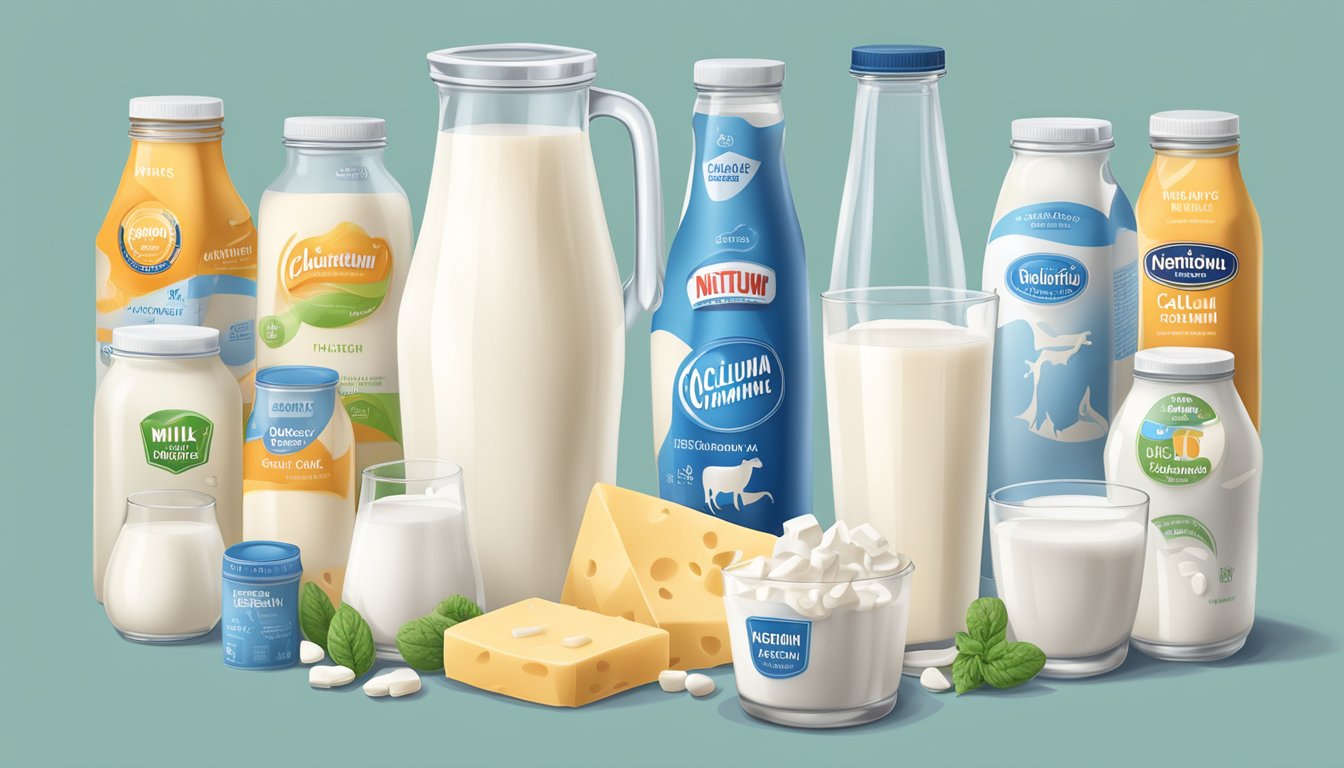 Various milk brands surrounding a glass of milk, each labeled with nutritional benefits like calcium, protein, and vitamins