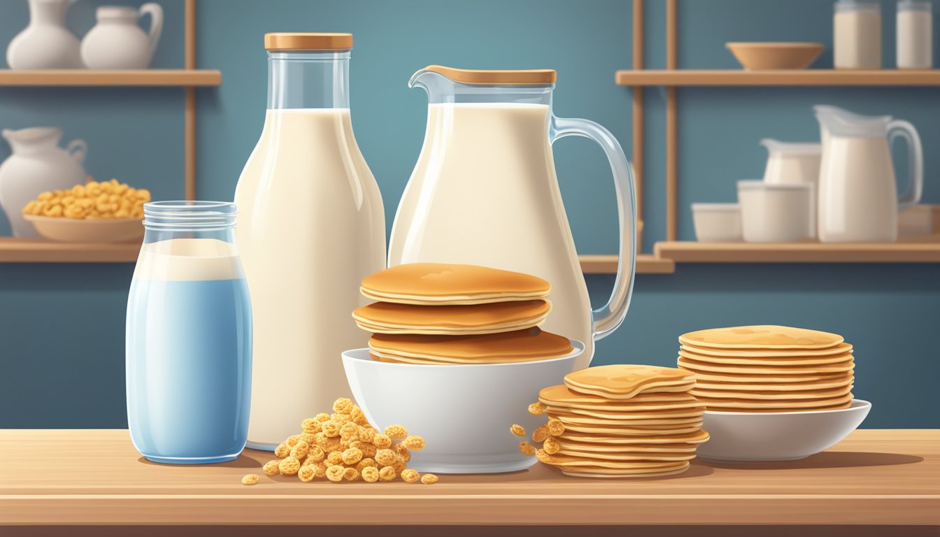 A jug of milk sits next to a bowl of cereal and a stack of pancakes. Various milk brands are arranged on a shelf in the background