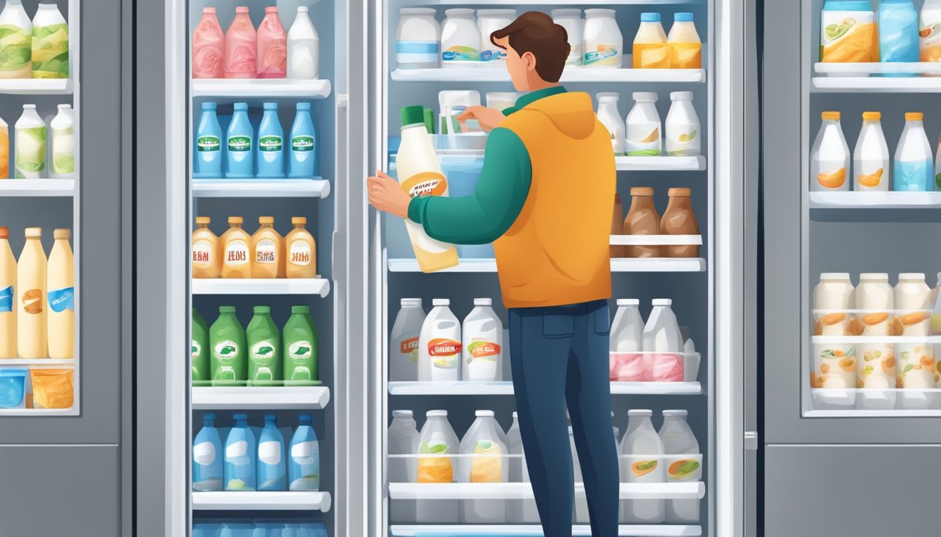 A person selects and stores various milk brands in a refrigerator