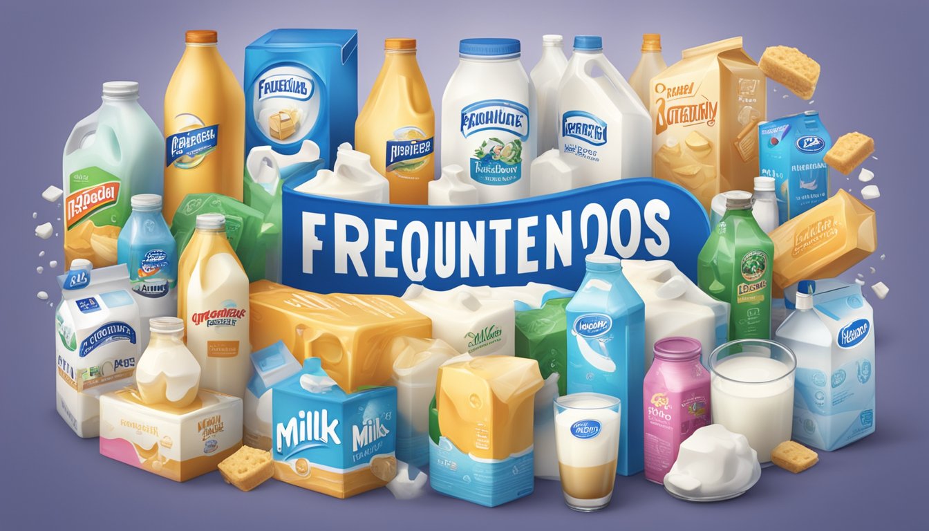 Various milk brands' logos floating around a large "Frequently Asked Questions" sign