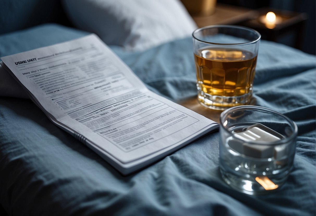 A person resting in bed, surrounded by a glass of water, medication, and a list of post-procedure care instructions