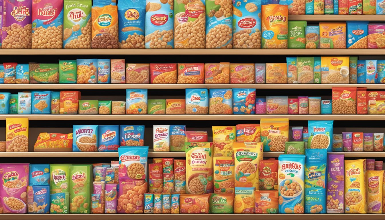 A colorful array of cereal boxes arranged on a supermarket shelf, each brand's unique logo and packaging catching the eye