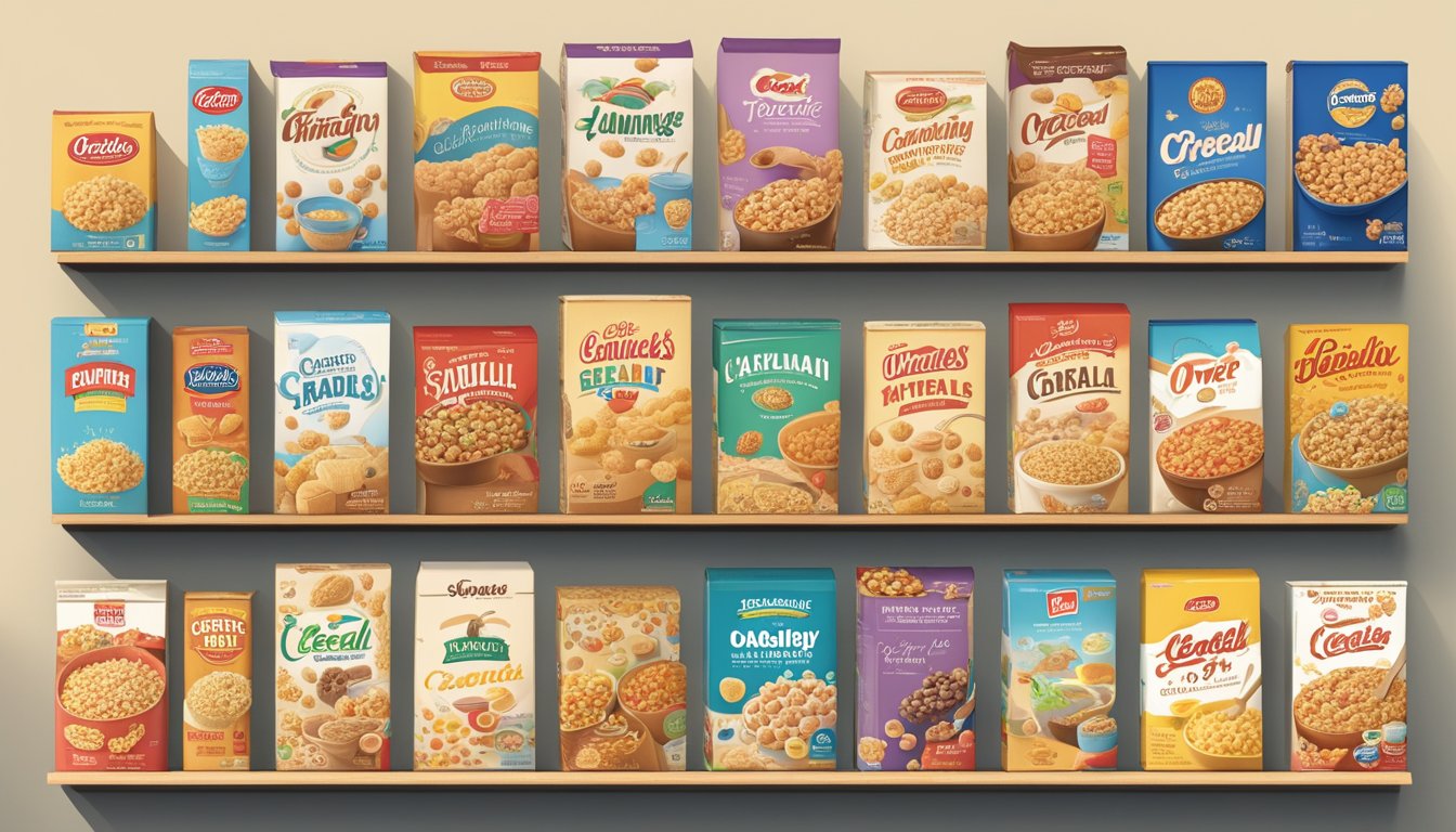 A timeline of cereal boxes from different eras, showcasing iconic cereal brands and their evolution over time