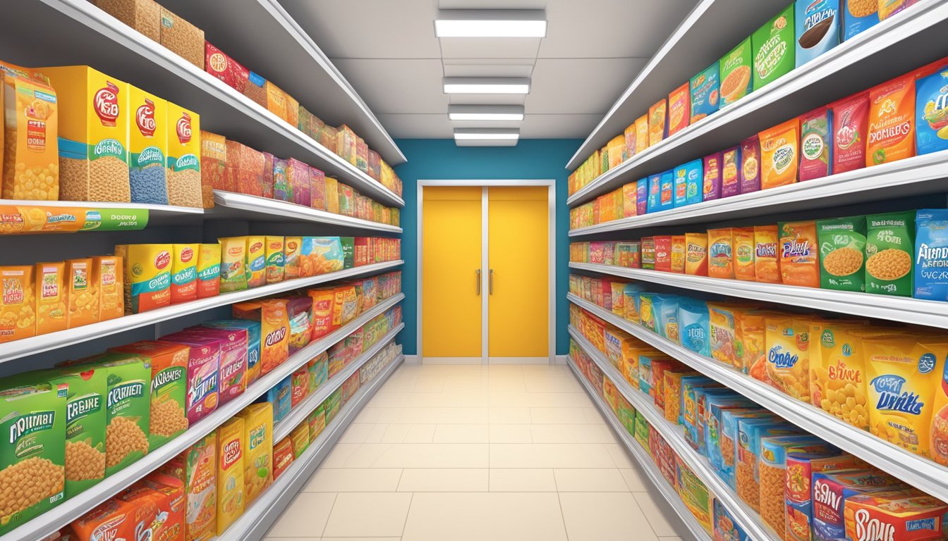 A colorful display of top cereal brands on shelves, with vibrant packaging and prominent logos