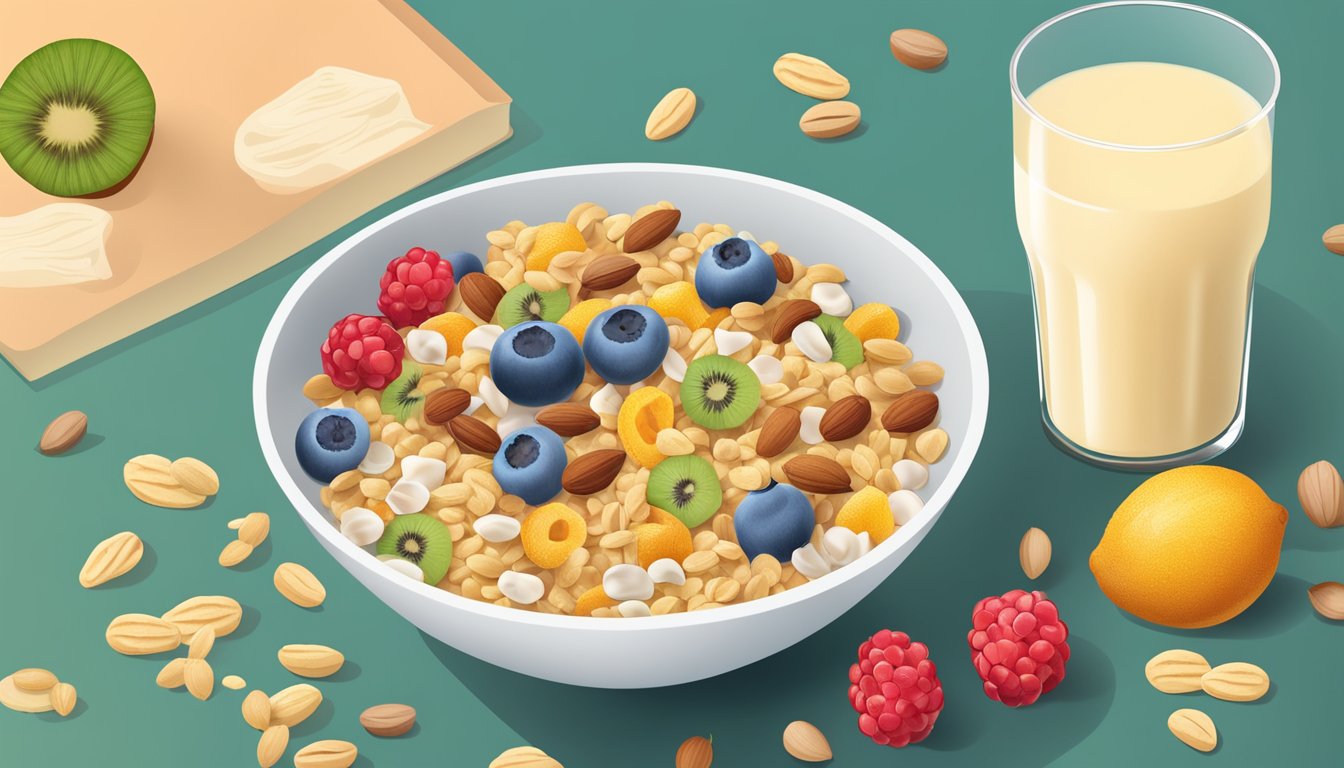 A bowl of colorful cereals surrounded by fresh fruits and nuts, with a glass of milk on the side. A label showcasing the nutritional value and health benefits of the cereal brands