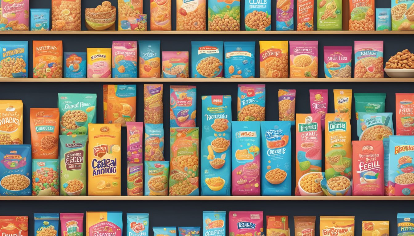 Various unique cereal boxes arranged on shelves, showcasing specialty and niche cereal brands. Bright colors and creative packaging stand out