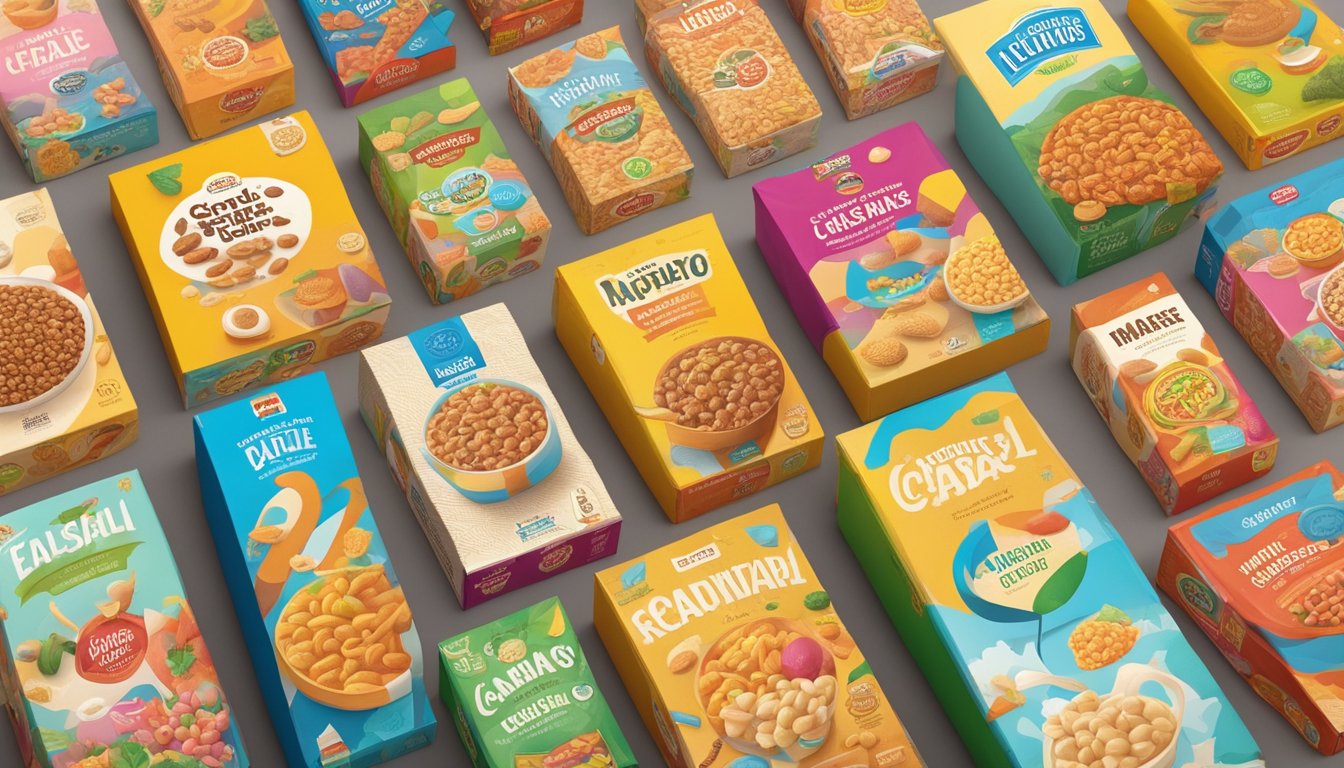Various cereal boxes from around the world arranged on a table. Each box features unique designs and characters representing different cultures