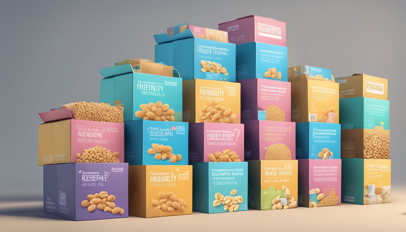 A stack of cereal boxes with "Frequently Asked Questions" labels