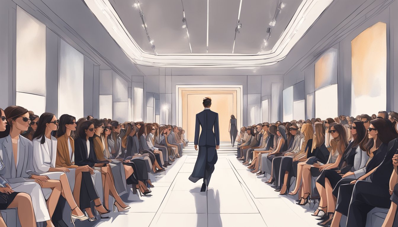 Top fashion brands displayed on a sleek, modern runway with spotlights and a large audience