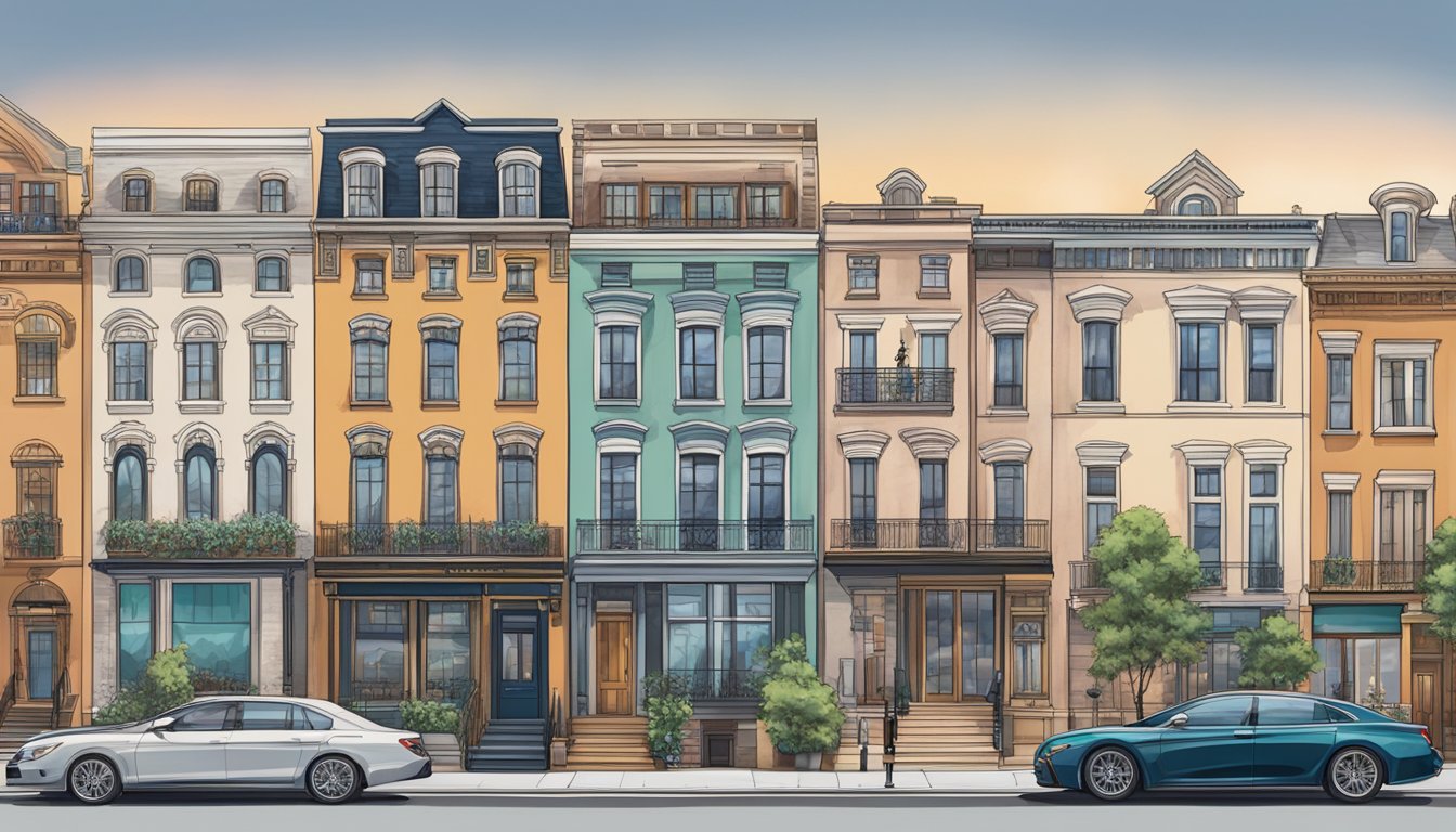 A row of grand fashion houses, each with their distinctive logos and architectural styles, stand proudly showcasing their legacy in the bustling cityscape