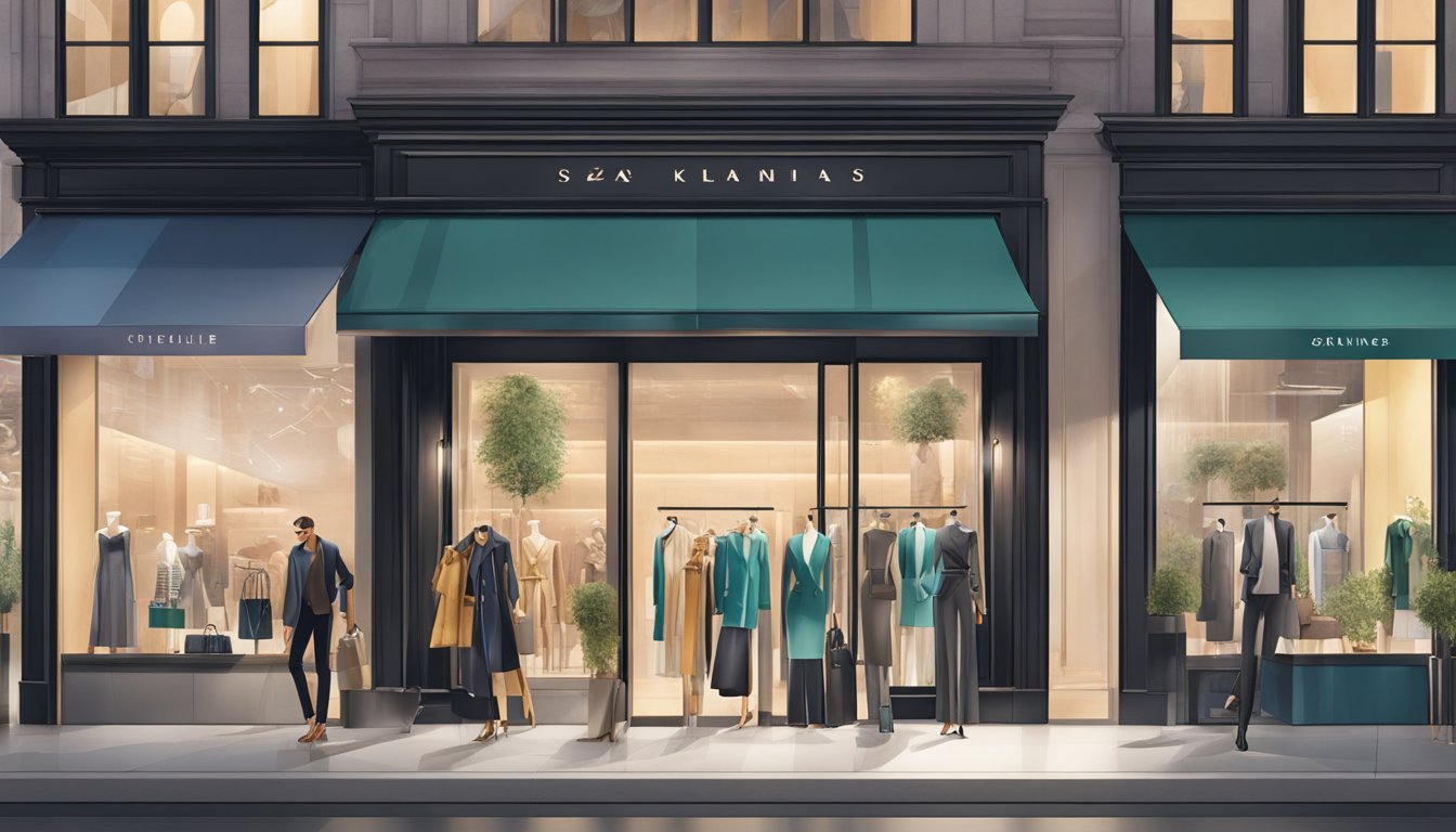 A sleek, modern storefront displays top fashion brands in a bustling city setting