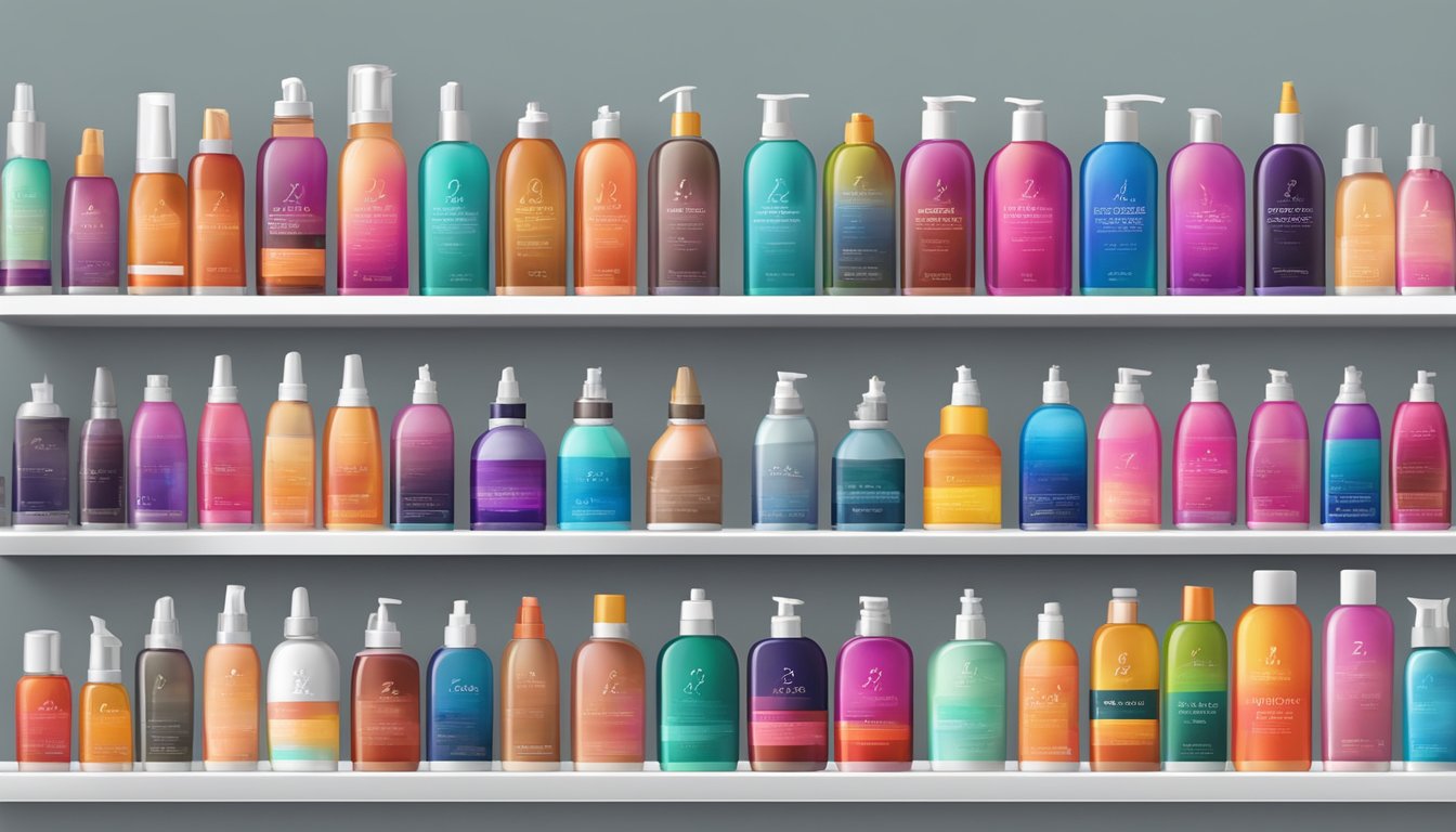 Bottles of hair color brands arranged on a shelf with vibrant labels and various shades