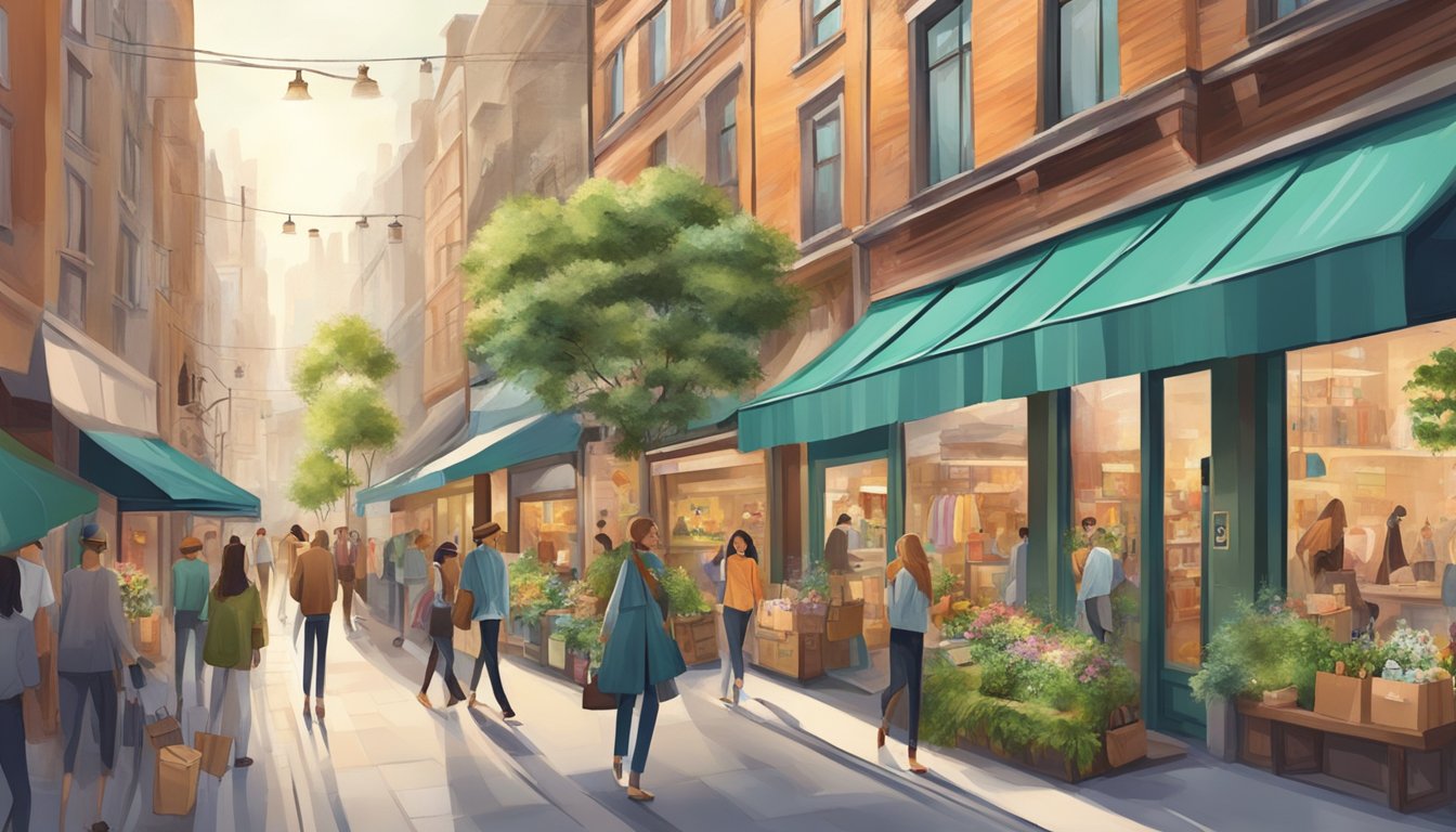 A bustling city street with eco-friendly clothing stores, recyclable materials, and sustainable fashion advertisements
