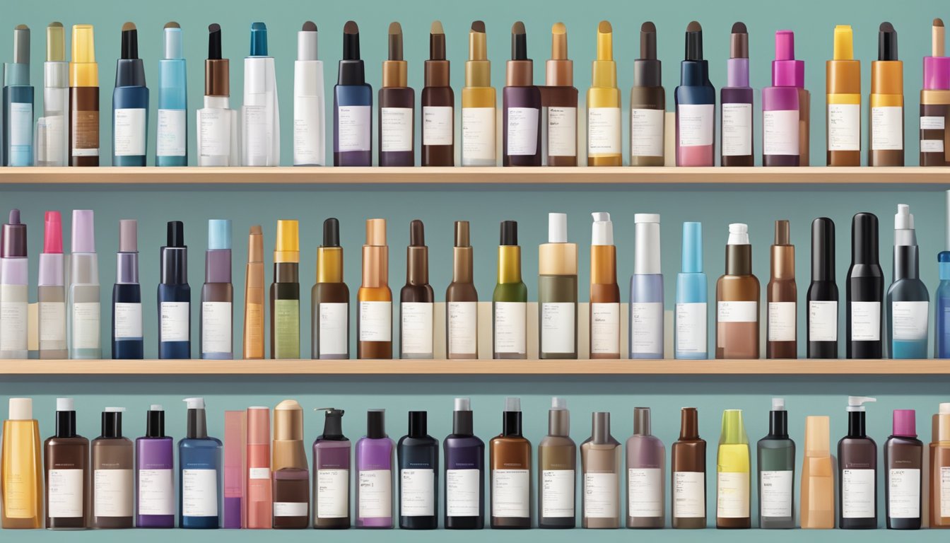 A table displaying various hair color types and brands. Bottles and swatches arranged neatly for easy comparison