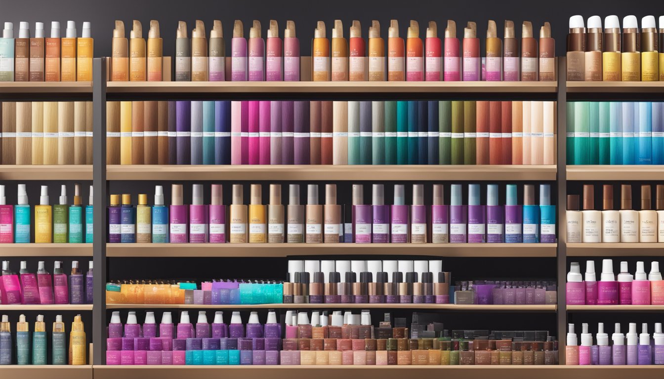Various hair color brands displayed on shelves with vibrant packaging and color swatches, showcasing their different offerings and shades