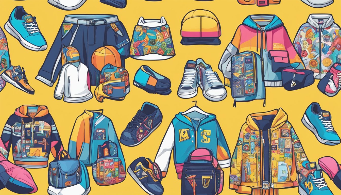 Brightly colored logos and iconic symbols from popular movies and music adorn clothing and accessories, showcasing the strong influence of pop culture on fashion