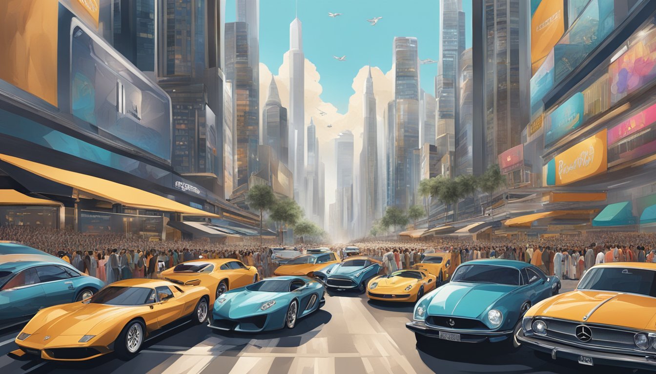 A bustling cityscape with towering skyscrapers adorned with the logos of top fashion brands, surrounded by a sea of bustling crowds and luxury vehicles
