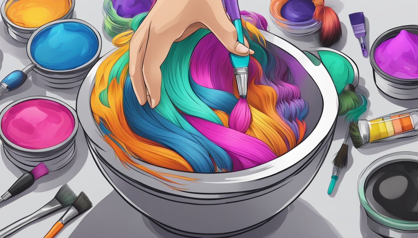 A hand pouring vibrant hair dye into a mixing bowl, surrounded by various hair color brands and tools