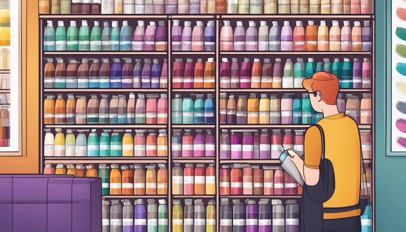 Various hair color brands arranged on a shelf, with colorful packaging and clear labels. A customer browsing the selection