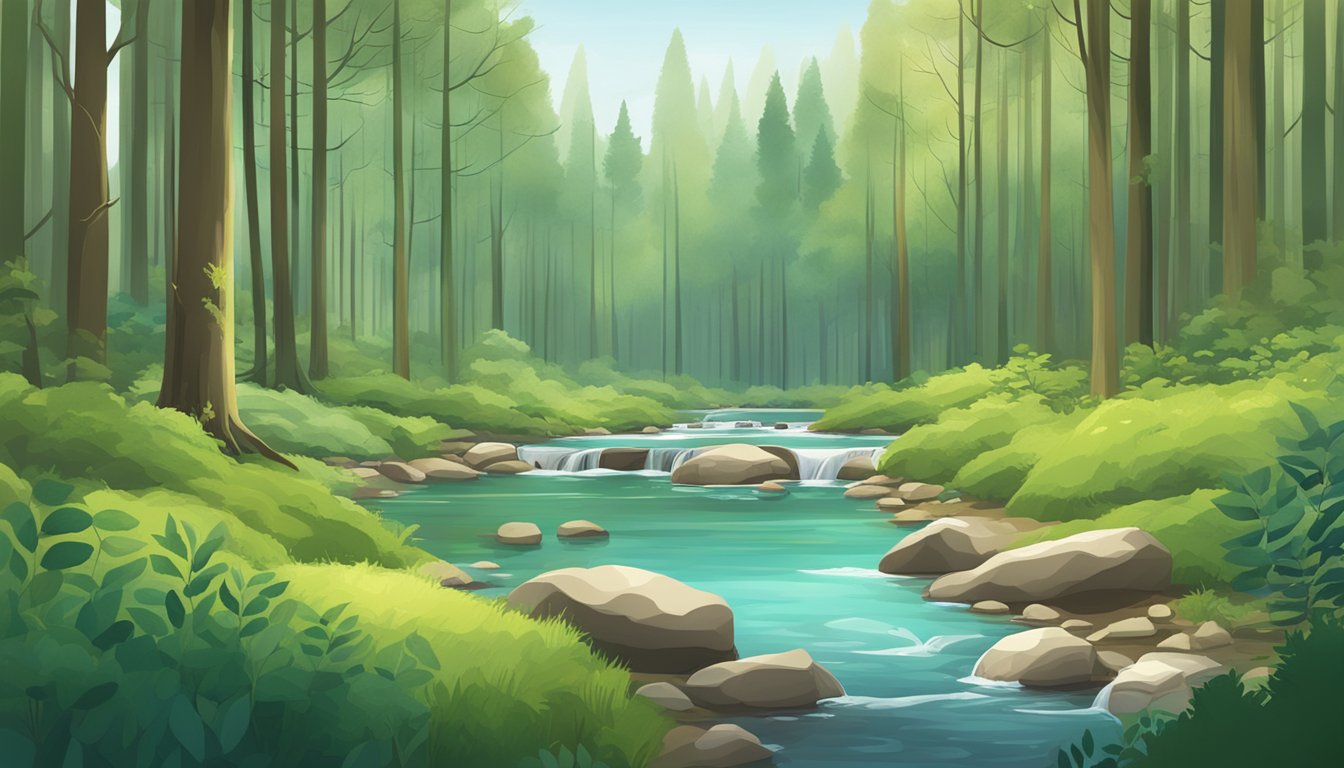 A serene forest with a clear stream, surrounded by eco-friendly pad brands