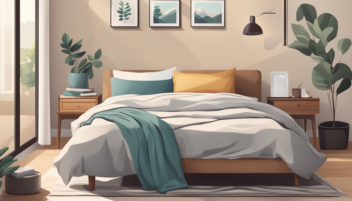 A cozy bedroom with a neatly made bed, a nightstand with a lamp, and a stack of magazines. A laptop and a cup of coffee sit on the bedside table, creating a sense of convenience and modern lifestyle