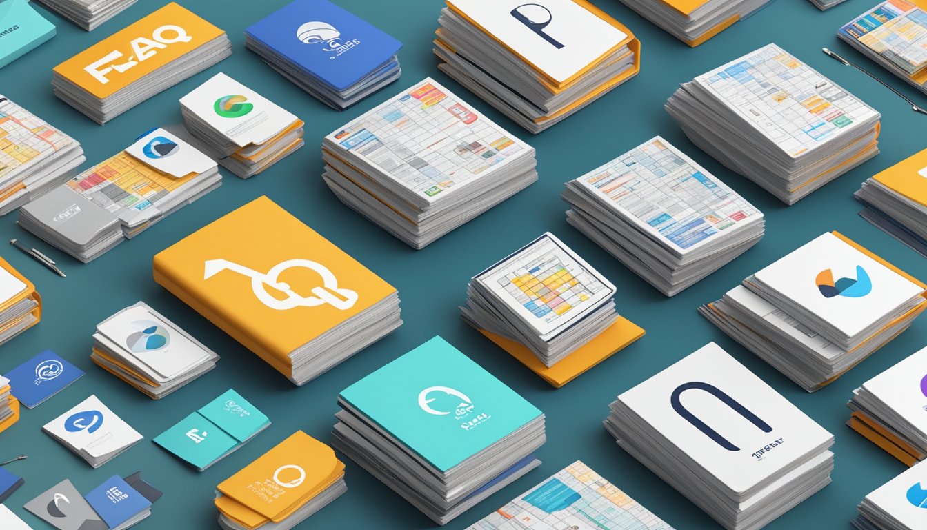 A stack of FAQ pads with various brand logos, surrounded by curious customers