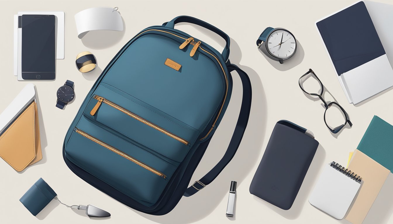 A sleek, modern bag sits on a clean, minimalist desk, surrounded by a few essential items. The bag exudes functionality and style, with its sleek lines and practical design