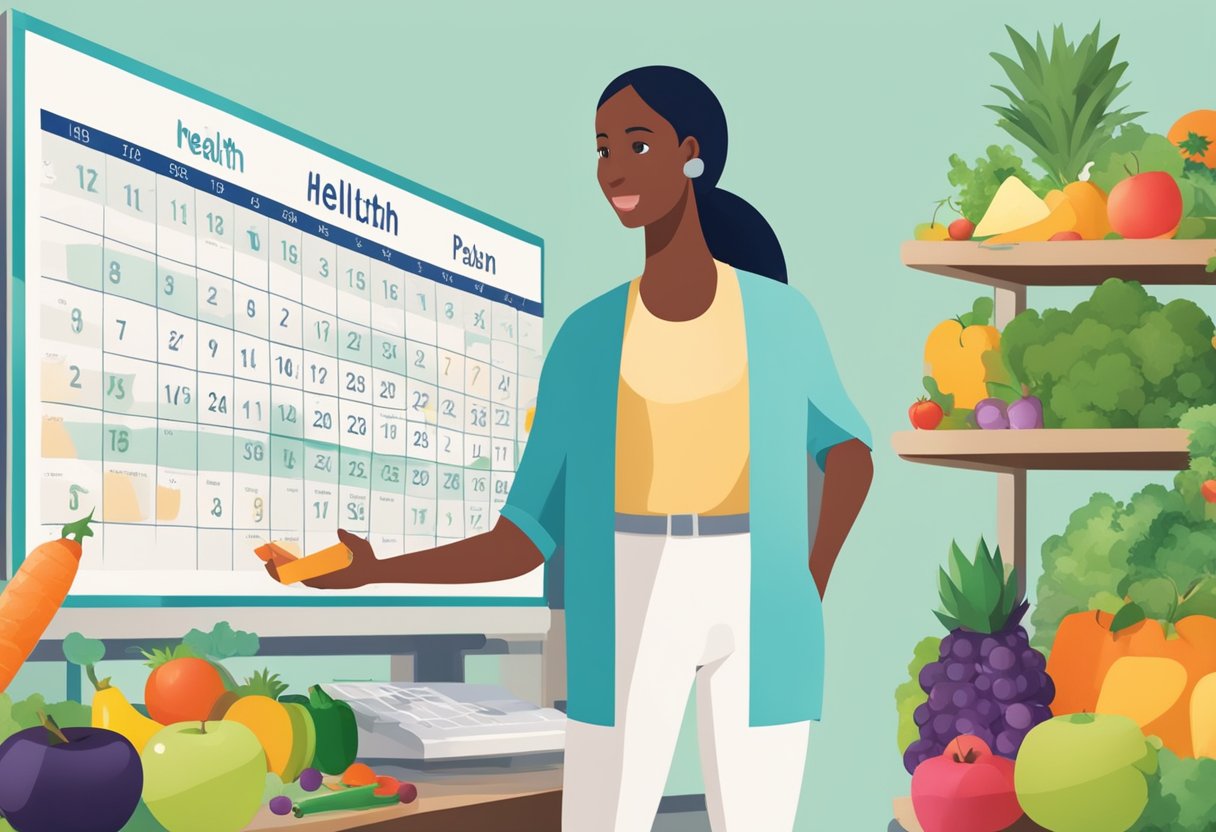 A woman standing in front of a calendar, with a healthy lifestyle symbolized by exercise equipment, fruits, and vegetables. Medical supplies for prevention and management of health concerns are also present