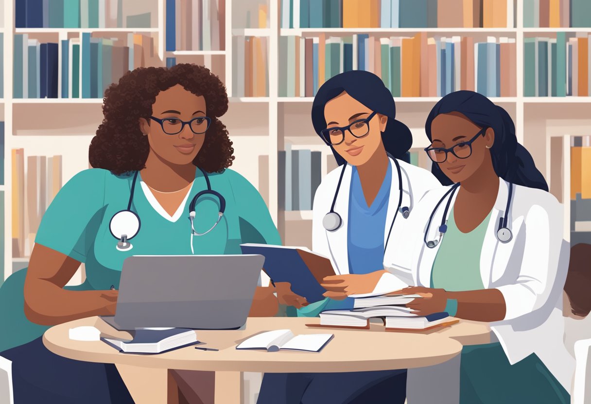 A diverse group of women seeking information from a variety of health resources, including books, websites, and medical professionals