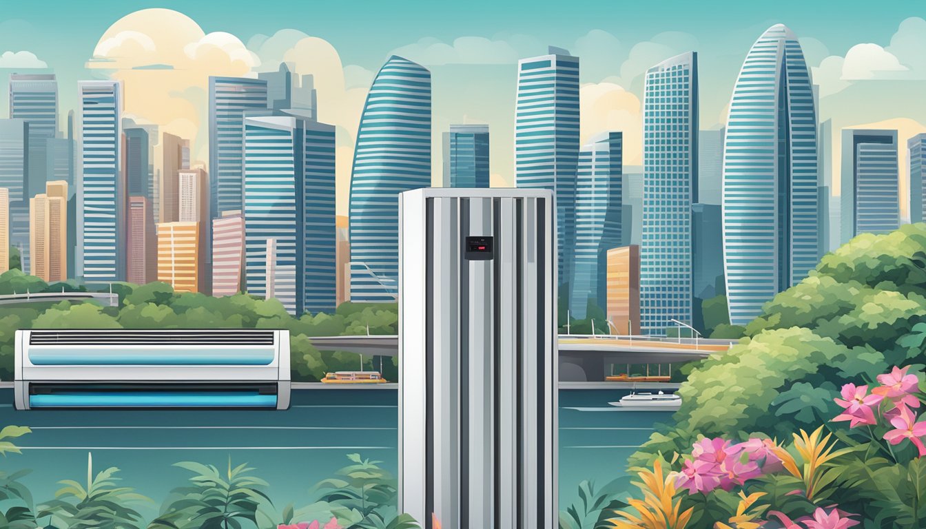 A sleek and modern aircon unit stands against a backdrop of a bustling Singapore cityscape, with iconic landmarks and skyscrapers in the background