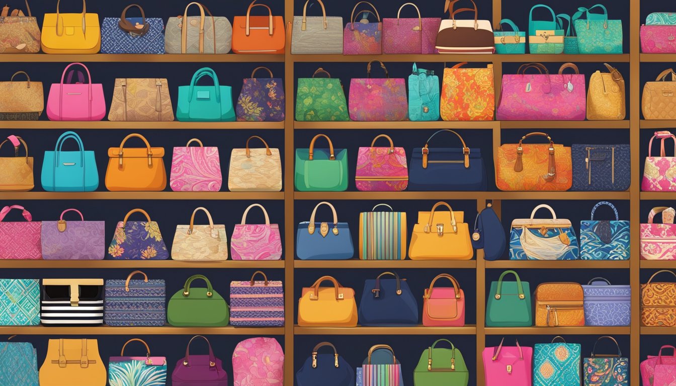 A colorful array of Thai bag brands displayed on shelves, showcasing traditional patterns and modern designs