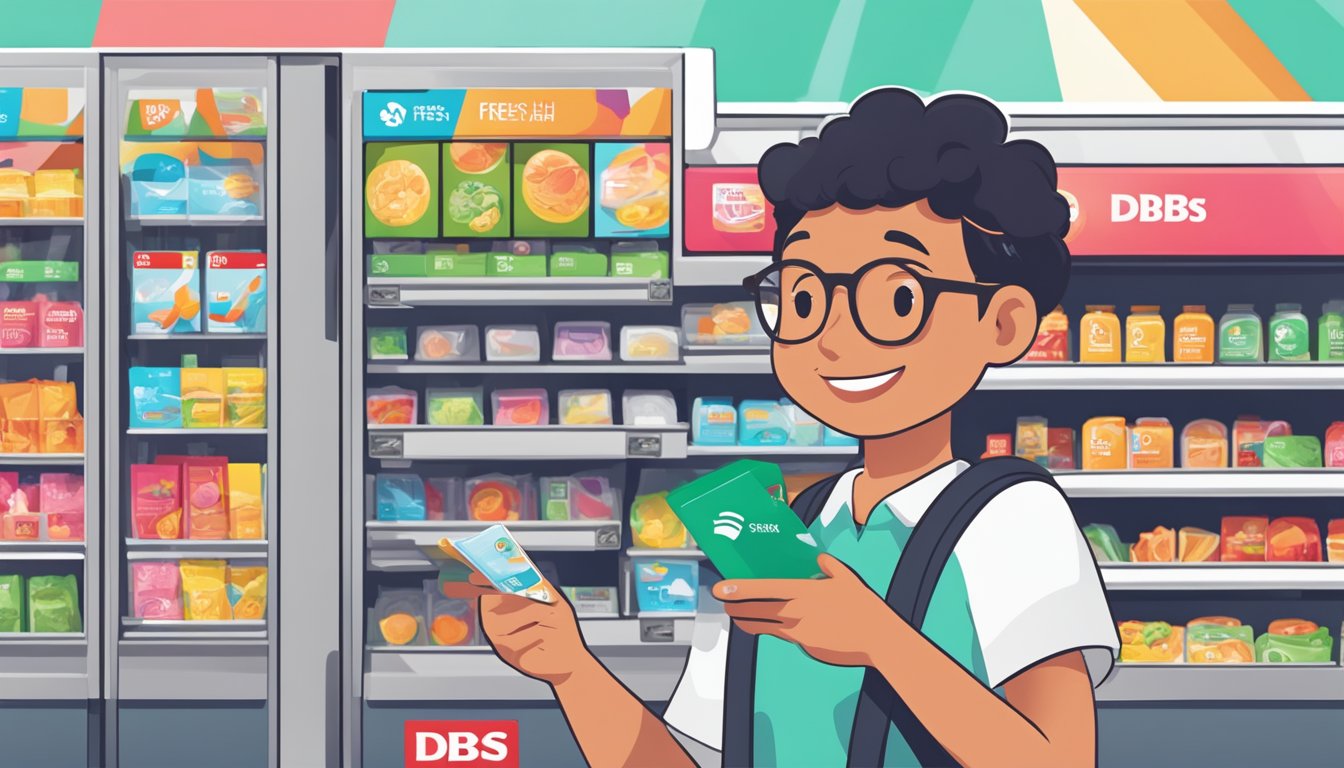 A student swipes the DBS Live Fresh Student Card at a local convenience store, with colorful logos and a sleek design