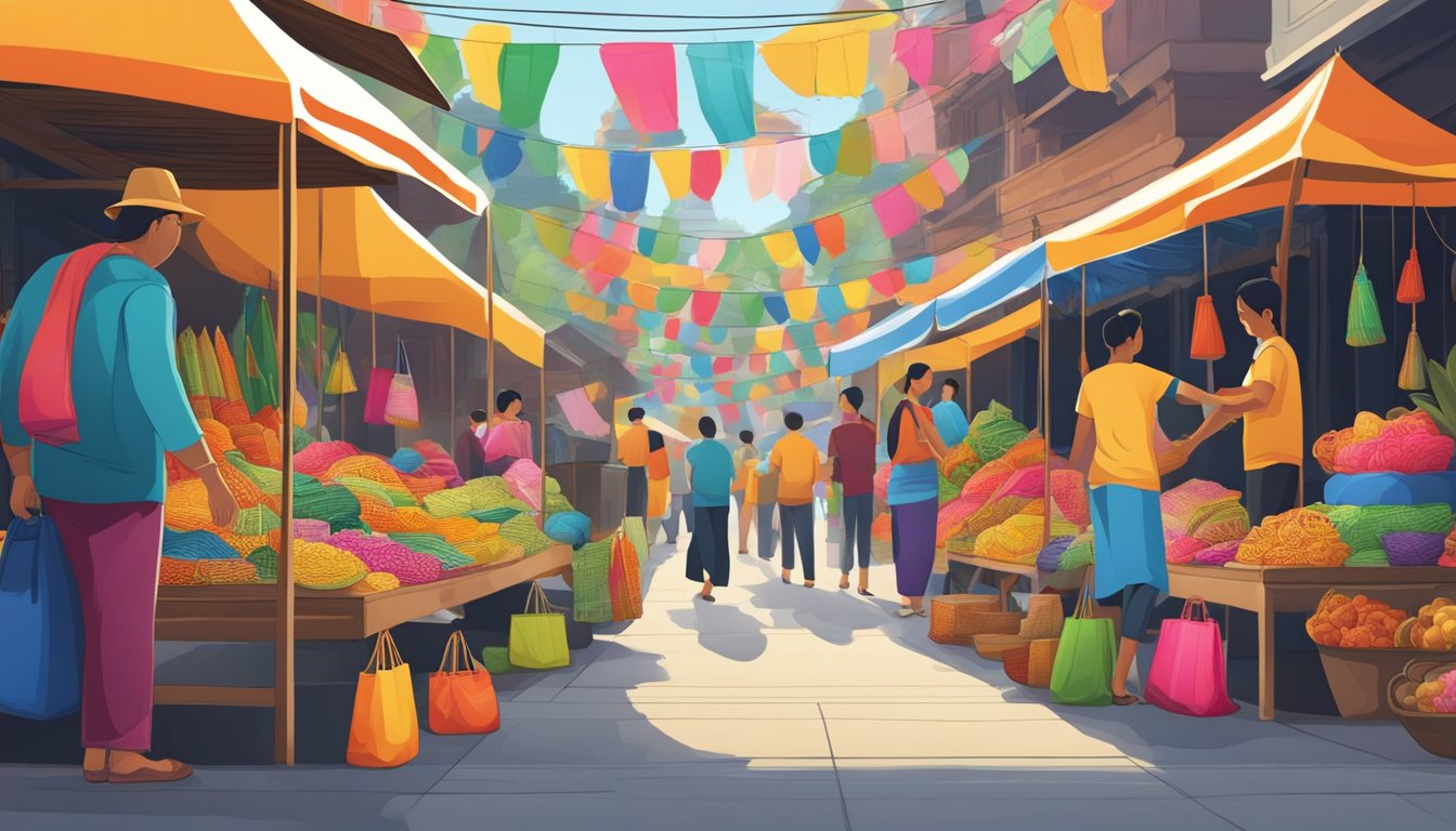 A vibrant street market with colorful Thai bags on display, showcasing intricate designs and traditional patterns