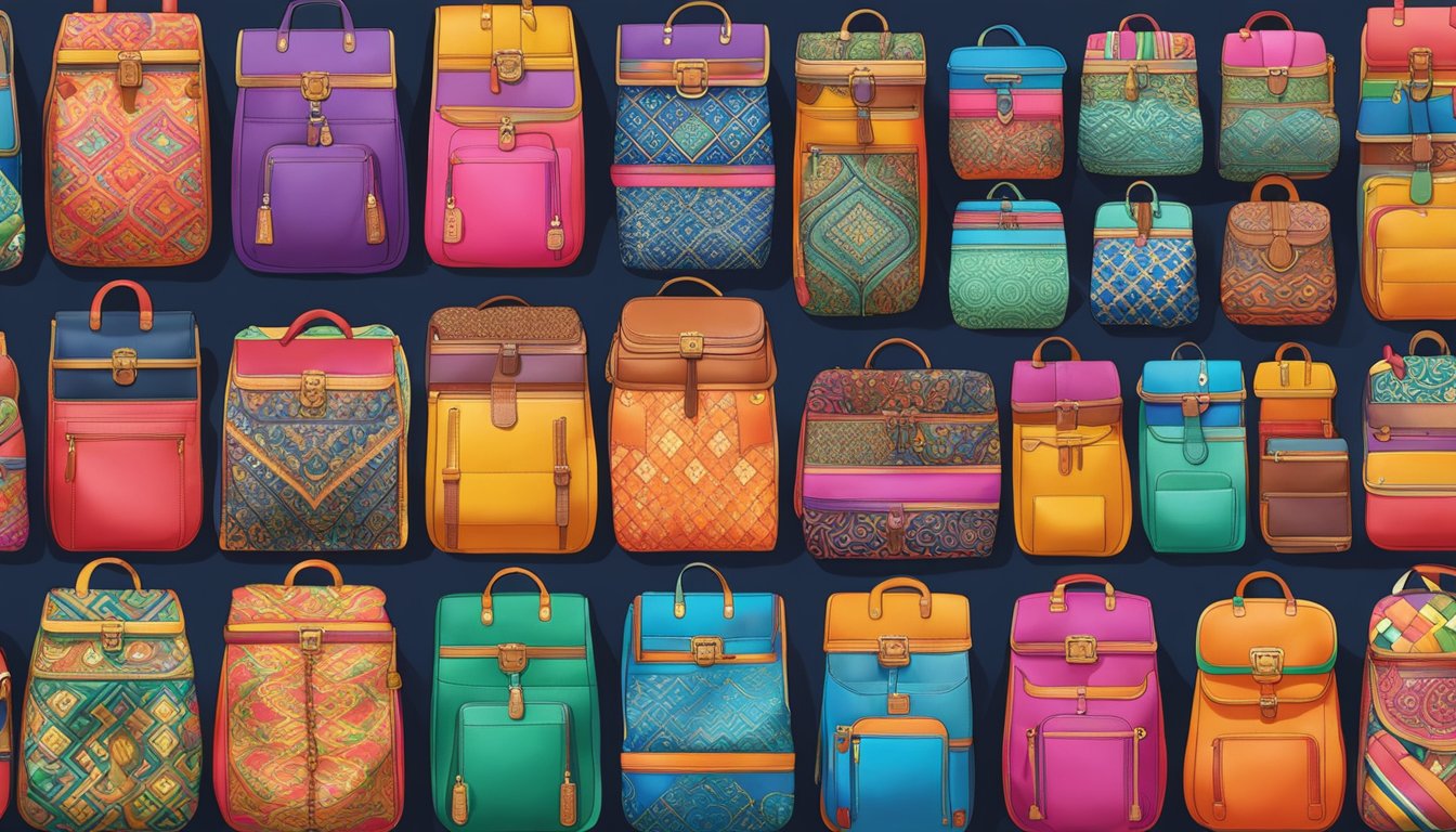 A vibrant display of various Thai bags, showcasing different styles, colors, and patterns, representing the diversity of the Thailand bag brand