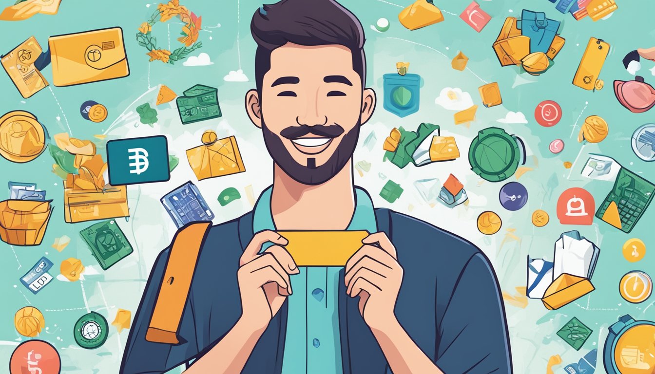 A student holding a DBS Live Fresh card, surrounded by colorful icons representing various financial perks and benefits